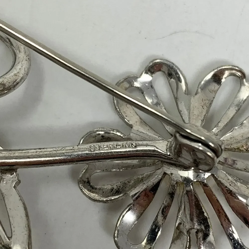 Vintage Floral Brooch Sterling Silver Pearl Details